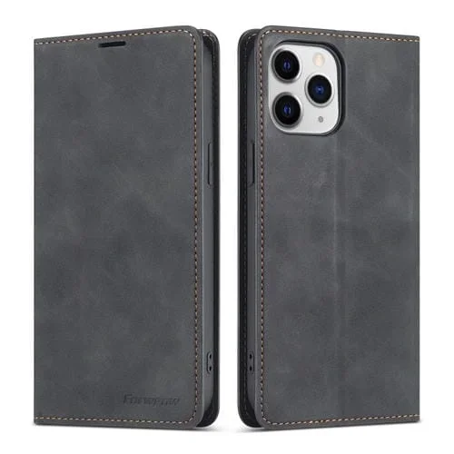 Estuche de Cuero FoRWenw Dream Series para iPhone 13 Mini con Tapa Horizontal, Borde de Aceite Magnético, Soporte, Ranura para Tarjeta y Billetera (Negro)