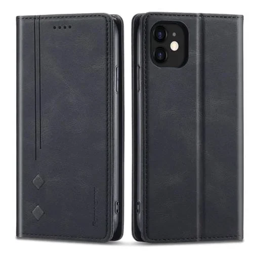 Estuche de Cuero FoRWenw F2 Series para iPhone 13 Mini con Tapa Horizontal Magnética Soporte y Ranuras para Tarjetas Billetera (Negro)