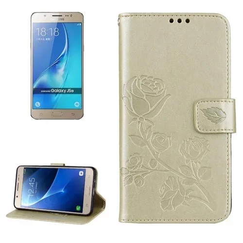 Estuche de Cuero Galaxy J5 (2016) J510 con Flores Prensadas, Soporte, Ranuras y Billetera (Dorado)