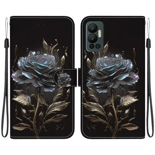 Estuche de Cuero para Infinix Hot 12 con Dibujo Coloreado y Textura de Cristal (Rosa Negra)