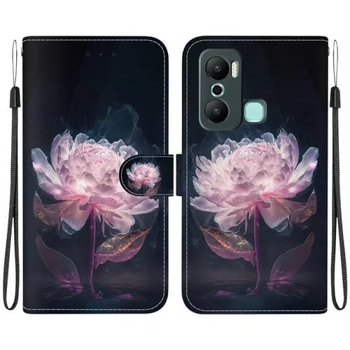 Estuche de Cuero para Infinix Hot 20 Play con Dibujo Coloreado y Textura de Cristal (Peonía Púrpura)