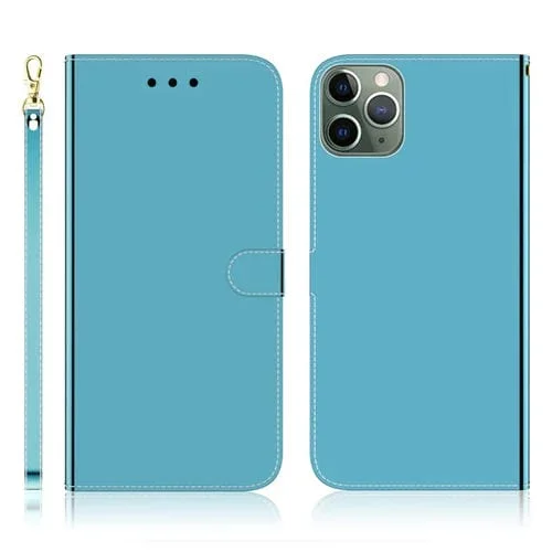 Estuche de Cuero para iPhone 11 Pro Superficie de Espejo con Tapa Horizontal Soporte Ranuras Tarjetas Billetera Cordón (Azul)