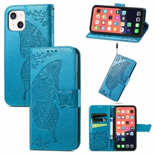 Estuche de Cuero para iPhone 13 Mini Butterfly Love Flower con Tapa Horizontal En Relieve Soporte Ranura Tarjeta Billetera Cordón (Azul)