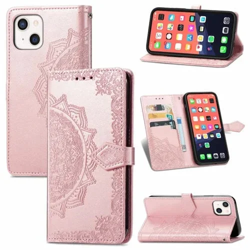 Estuche de Cuero para iPhone 13 Mini Mandala Flower con Tapa Horizontal En Relieve Soporte Ranuras y Cordón (Oro Rosa)