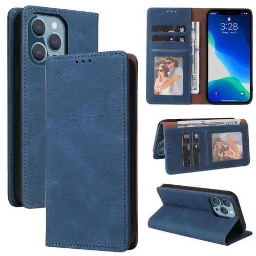 Estuche de Cuero para iPhone 13 Pro con Tapa Horizontal, Cierre de Succión, Soporte, Ranura para Tarjeta y Billetera (Azul)
