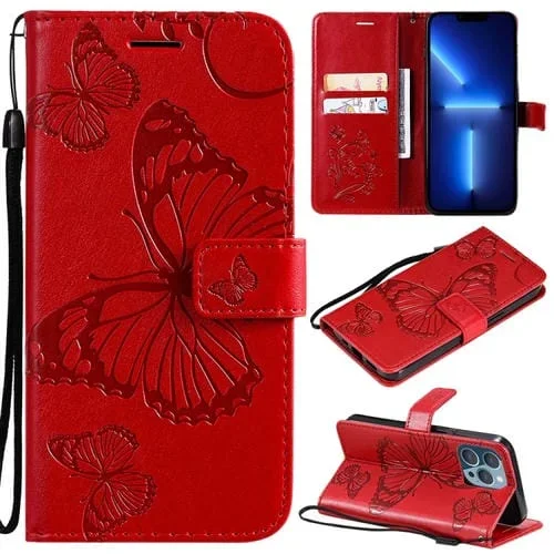 Estuche de Cuero para iPhone 13 Pro con Tapa Horizontal, Patrón Mariposa 3D, Soporte, Ranura para Tarjeta, Billetera y Cordón (Rojo)