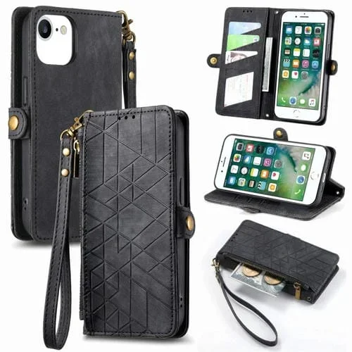 Estuche de Cuero para iPhone 6 / 6S con Cremallera Lateral para Billetera Geométrica (Negro)
