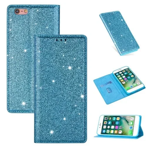 Estuche de Cuero para iPhone 6 Plus con Tapa Horizontal Magnética Ultradelgada Purpurina Soporte y Ranuras para Tarjetas (Azul Cielo)