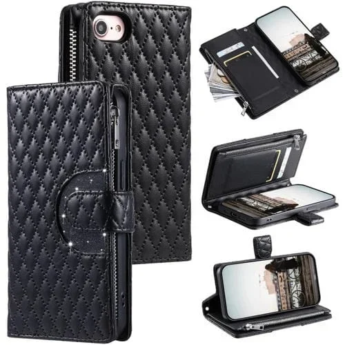 Estuche de Cuero para iPhone 7/8/Se 2022 con Billetera, Cremallera y Celosía con Purpurina (Negro)