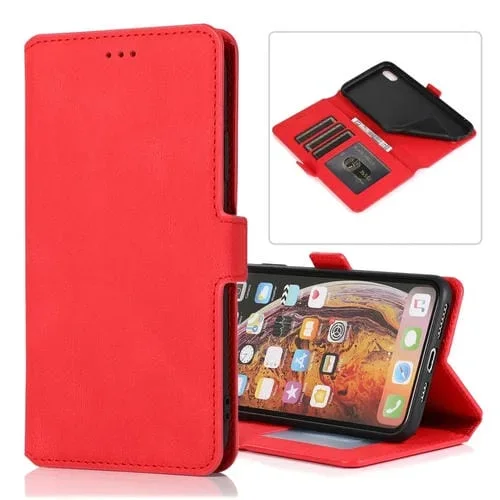 Estuche de Cuero para iPhone X Xs Cierre Magnético Tapa Horizontal Soporte Ranuras Tarjetas Marco Fotos Billetera (Rojo)