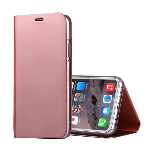 Estuche de Cuero para iPhone X Xs con Tapa Horizontal Espejo Electrochapado Soporte (Oro Rosa)