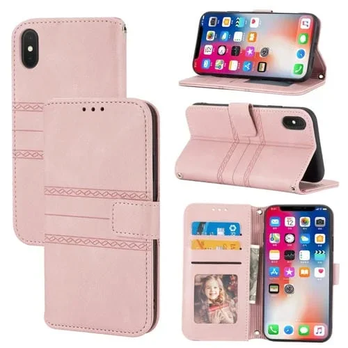 Estuche de Cuero para iPhone Xr Hebilla Magnética a Rayas En Relieve con Soporte Ranura Tarjeta Billetera Marco Fotos Eslinga (Rosa)