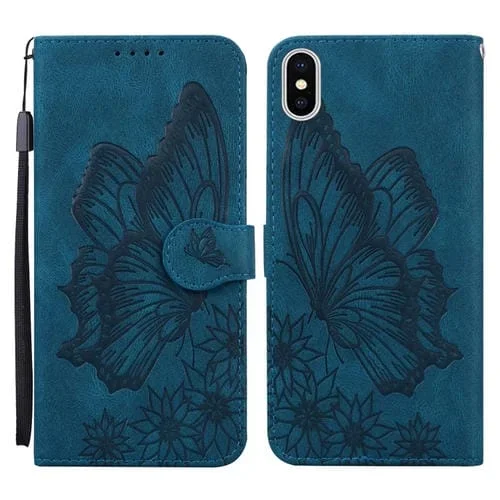 Estuche de Cuero para iPhone Xs Max Retro Skin Feel Butterflies con Tapa Horizontal, Soporte y Ranuras para Tarjetas (Azul)
