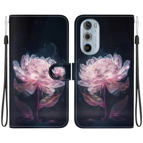 Estuche de Cuero para Motorola Edge + 2022 con Dibujo Coloreado y Textura de Cristal (Peonía Púrpura)