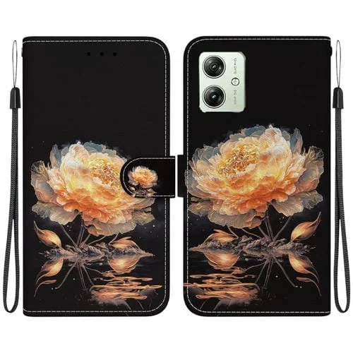Estuche de Cuero para Motorola Moto G54 con Dibujo Coloreado y Textura de Cristal (Peonía Dorada)