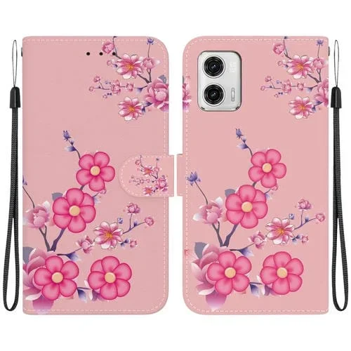 Estuche de Cuero para Motorola Moto G73 con Dibujo Coloreado y Textura de Cristal (Flores de Cerezo)