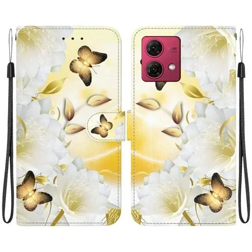 Estuche de Cuero para Motorola Moto G84 con Dibujo Coloreado y Textura de Cristal (Epiphyllum de Mariposa Dorada)