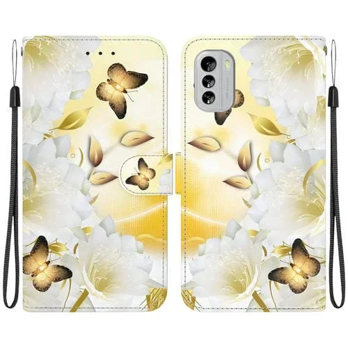 Estuche de Cuero para Nokia G60 con Dibujo Epiphyllum y Mariposa Dorada con Textura de Cristal