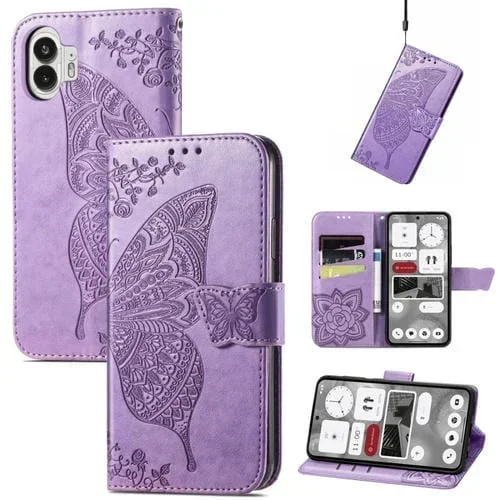 Estuche de Cuero para Nothing Phone 2 con Tapa Horizontal en Relieve Flor de Mariposa (Iilac)