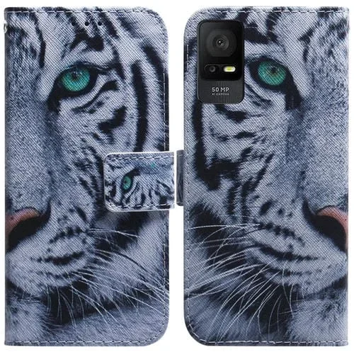 Estuche de Cuero para TCL 408 con Tapa y Dibujo Coloreado (Tigre)