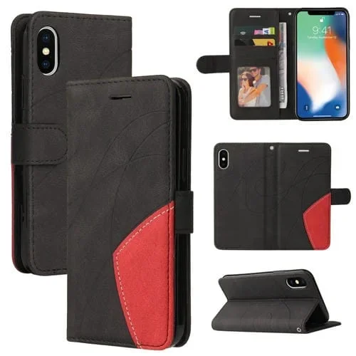 Estuche de Cuero PU para iPhone X Xs Tapa Horizontal Empalme Dos Colores Soporte Ranuras Tarjetas Billetera (Negro)