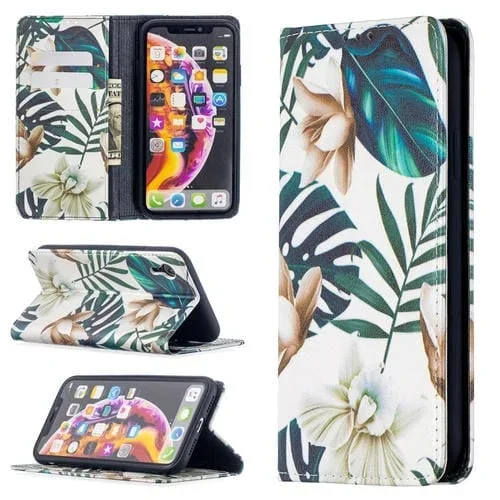 Estuche de Cuero PU para iPhone Xr Patrón Dibujo a Color Tapa Horizontal Magnética Soporte Ranuras Tarjetas Billetera (Hojas Rojas)