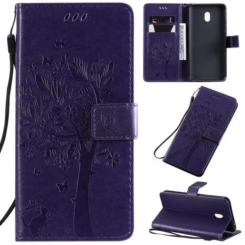 Estuche de Cuero PU para LG G8X con Diseño de Árbol y Gato, Soporte, Ranuras y Billetera (Púrpura)