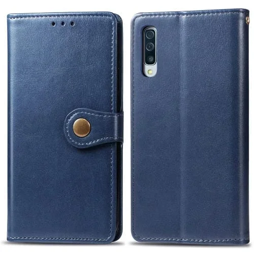 Estuche de Cuero Retro para Galaxy A70 con Hebilla, Ranura para Tarjeta, Billetera y Soporte (Azul)
