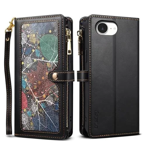 Estuche de Cuero Rfid Eseble Serie Star para iPhone 16E con Cremallera y Cordón (Negro)