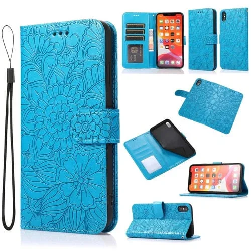Estuche de Cuero Skin Feel para iPhone Xs Max con Tapa Horizontal, Soporte, Ranuras para Tarjetas y Billetera, Cordón (Azul)