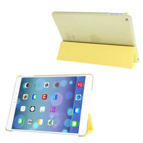 Estuche de Plástico Esmerilado con 3 Cubiertas de Cuero Plegables Soporte y Suspensión para iPad Air (Amarillo)