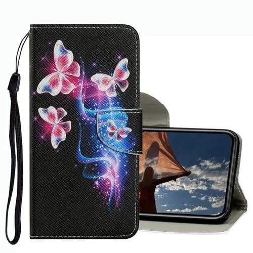 Estuche de teléfono iPhone 13 Pro cuero patrón dibujo coloreado (Tres Mariposas Fluorescentes)