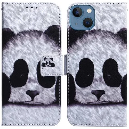 Estuche de Teléfono iPhone 14 Cuero con Tapa Dibujo Coloreado (Panda)
