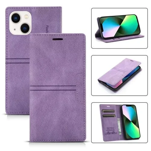 Estuche de Teléfono iPhone 14 Cuero Magnético (Púrpura)