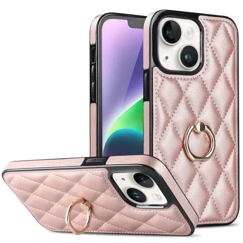 Estuche de teléfono iPhone 14 Cuero PU Rómbico con soporte para anillo (Oro Rosa)