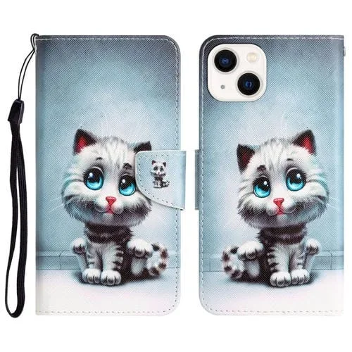 Estuche de Teléfono iPhone 15 Cuero Dibujo Coloreado (Ojos Azules)