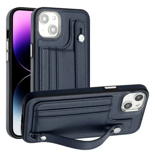 Estuche de Teléfono iPhone 15 Plus Cuero a Prueba de Golpes con Correa para la Muñeca (Azul)