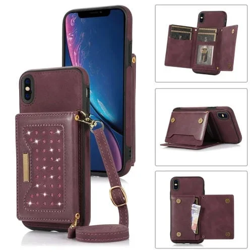 Estuche de teléfono iPhone Xs Max Cuero RFID Tres Pliegues con Cordón (Rojo)