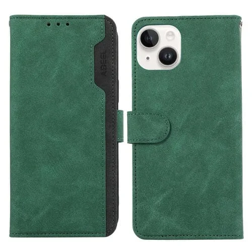 Estuche magnético de cuero Abeel para iPhone 14 Plus con protección RFID (Verde-Negro)