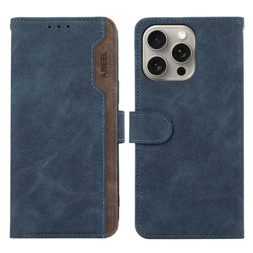 Estuche Magnético de Cuero Abeel para iPhone 16 Pro Color Block con RFID (Azul-Marrón)