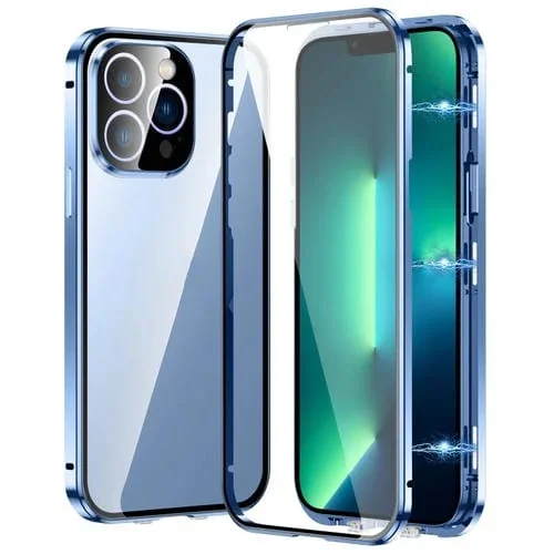 Estuche Magnético para iPhone 13 Pro Max Vidrio Templado HD con Doble Hebilla (Azul)