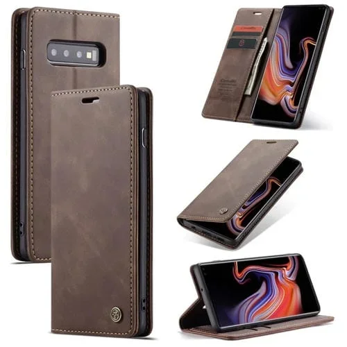 Estuche multifuncional Caseme-013 de cuero con tapa horizontal esmerilado para Galaxy S10 Plus con ranura para tarjeta soporte y billetera (Café)