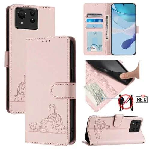 Estuche para Asus Zenfone 11 Ultra de Cuero Rfid con Patrón en Relieve y Cordón (Rosa)