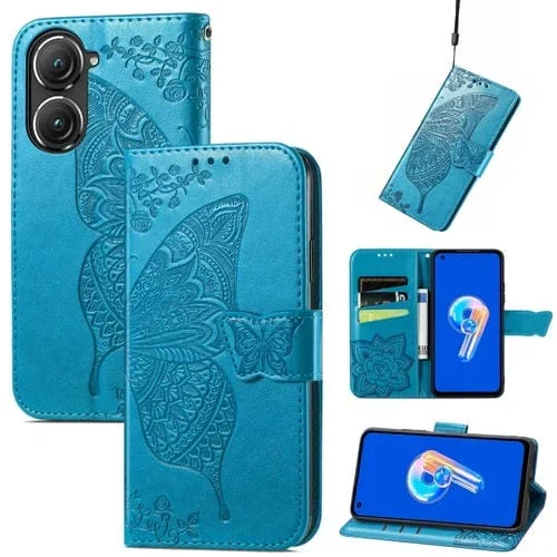 Estuche para Asus Zenfone 9 Butterfly Love Flower Cuero en Relieve (Azul)