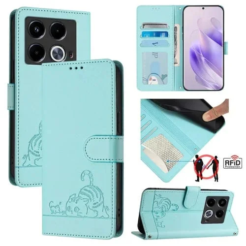 Estuche para Infinix Note 40 5G Cuero Rfid con Patrón en Relieve y Cordón (Verde Menta)