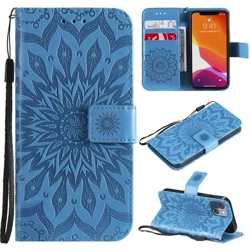 Estuche para iPhone 13 Mini Cuero PU Flip Horizontal Patrón Girasol Ranuras Tarjetas Billetera Cordón (Azul)