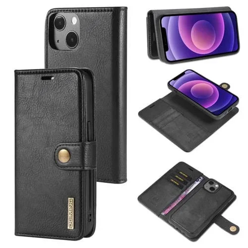 Estuche para iPhone 13 Mini Dg.Ming Crazy Horse Texture Flip de Cuero Magnético Desmontable con Soporte y Ranuras para Tarjetas (Negro)