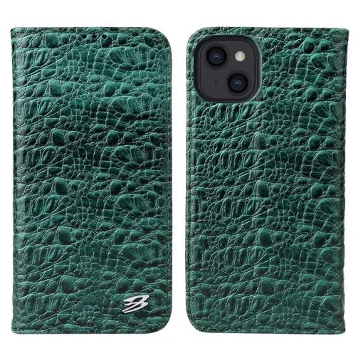 Estuche para iPhone 13 Mini Fierre Shann Cuero Genuino Cocodrilo Textura Magnética Horizontal Flip con Soporte y Ranura para Tarjeta (Verde)