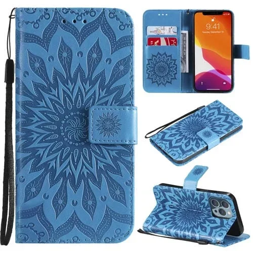 Estuche para iPhone 13 Pro Cuero PU Flip Horizontal Patrón Girasol Ranuras para Tarjetas Billetera Cordón (Azul)