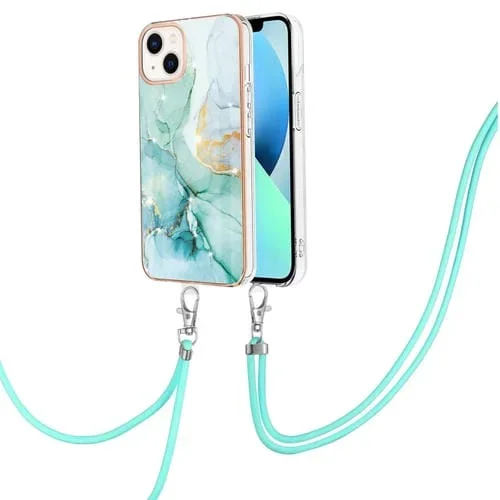 Estuche para iPhone 15 Plus Galvanoplastia Patrón de Mármol Imd TPU a Prueba de Golpes con Cordón (Verde)